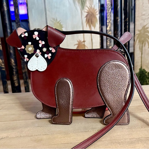 Kate Spade Burgundy Leather Flower Dog Crossbody Bag - Picture 2 of 12